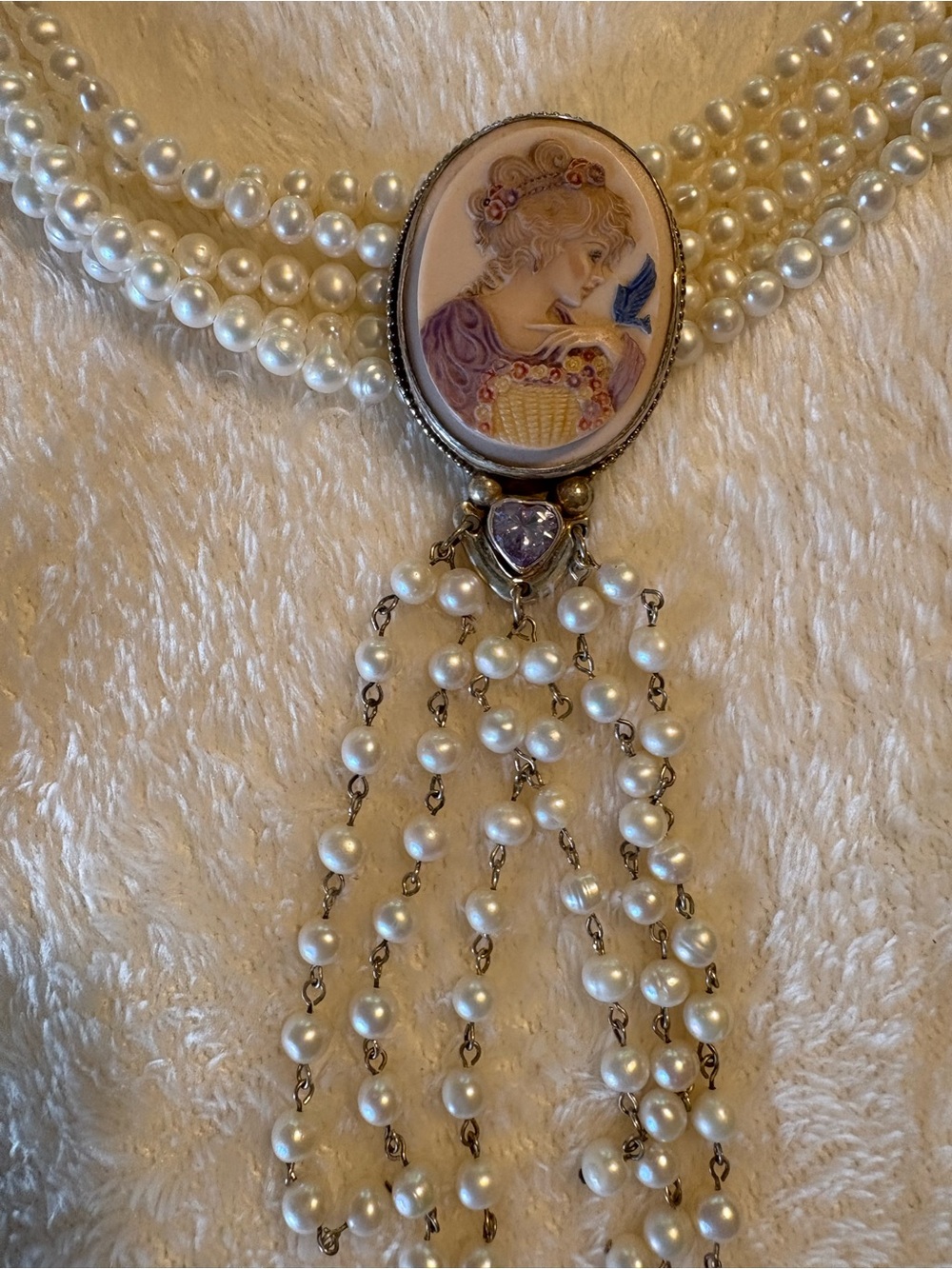 Vintage-Inspired Pearl Multi-Strand Necklace with Cameo Pendant - White